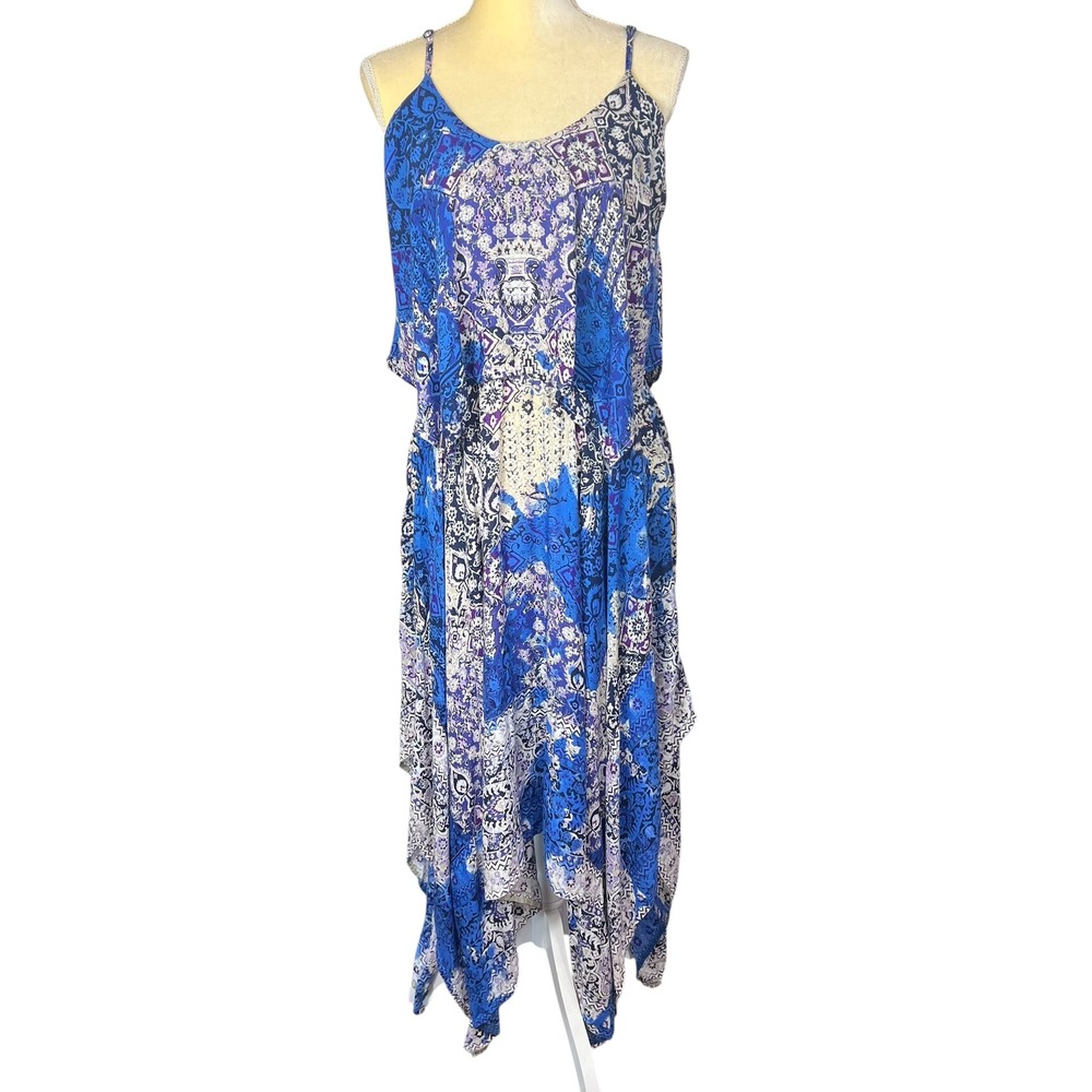 ana‎ A New Approach Dress Blue Paisley Popover Handkerchief Hem Asymmetrical M